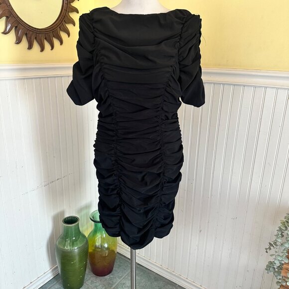 Taylor Black Ruched Knit stretch dress zip up back bodycon sz 10 - Picture 1 of 15